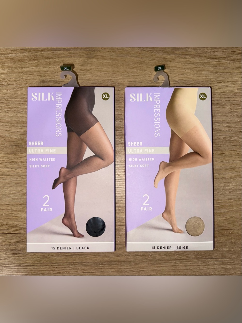 NWT SILK Impressions Sheer Ultra Fine 15 Denier Tights.Black & Beige (2 Pair) XL
